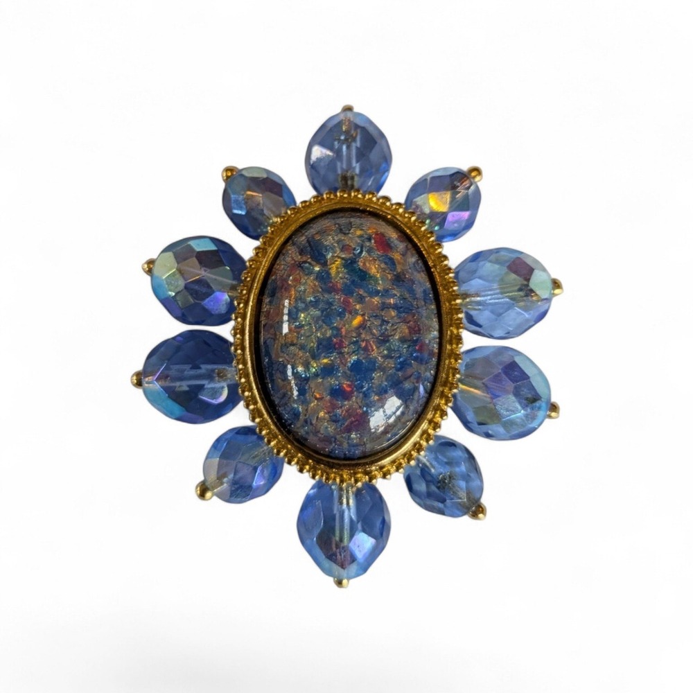Joan Rivers Brooch Blue Faux Opal Confetti Cabochon Gold Tone Pin 2 Inch